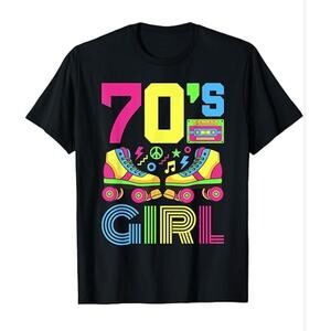NWT 70's Girl Retro Women's Black Short Sleeve T-Shirt Scoop Neck XS Long